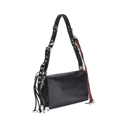 Prada Black Calf Leather Bos Taurus Shoulder Bag with adjustable strap and metallic logo embellishment, side view.