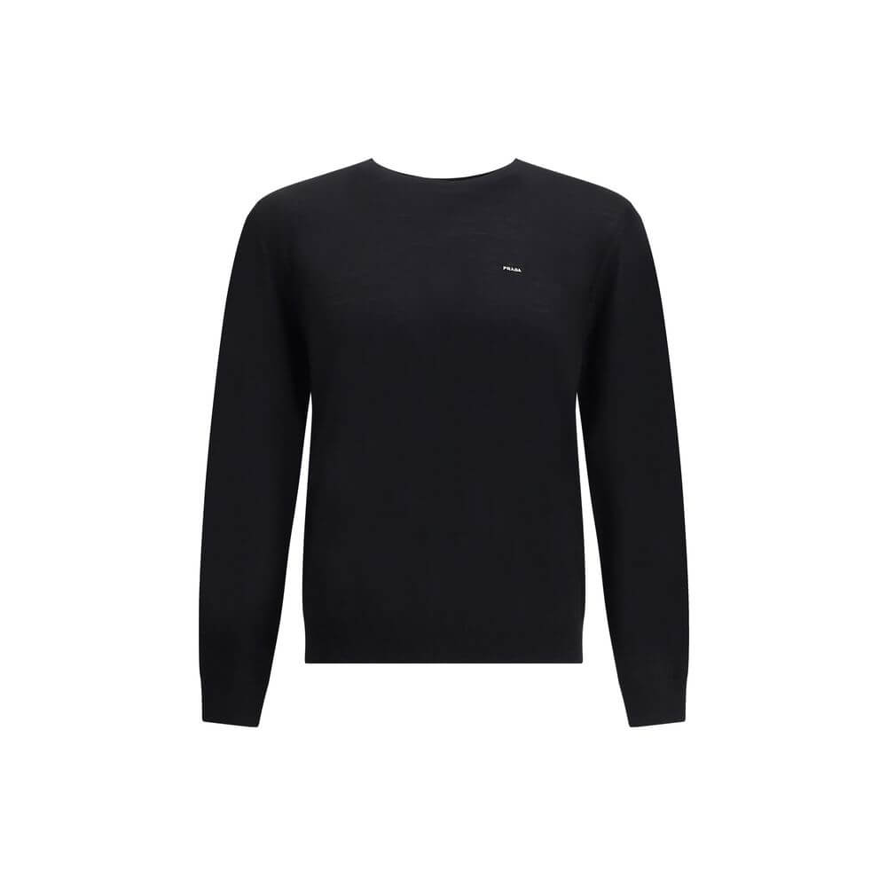 Prada Black Fleece Wool Sweatshirt with embroidered logo and ribbed crew neck, a timeless and elegant AW25 wardrobe essential.