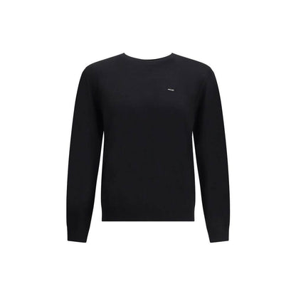 Prada Black Fleece Wool Sweatshirt with embroidered logo and ribbed crew neck, a timeless and elegant AW25 wardrobe essential.