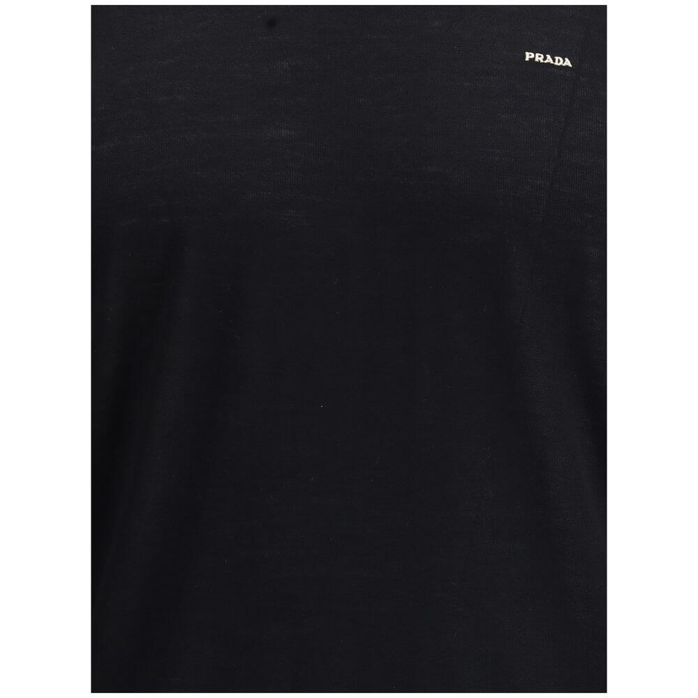 Prada Black Fleece Wool Sweatshirt with embroidered logo on chest, ribbed crew neck, cuffs, and hem for structured fit.