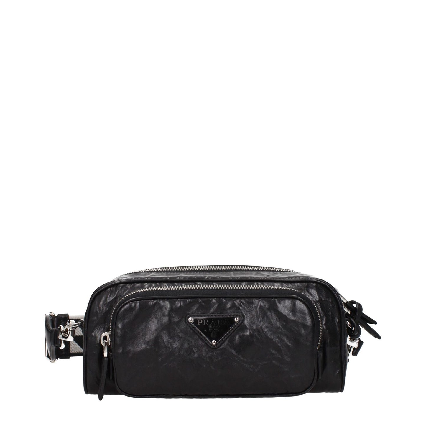 Prada Black Leather Crossbody Bag with silver accents, adjustable and removable shoulder strap, front logo, zip closure, small size.