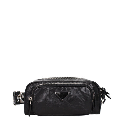 Prada Black Leather Crossbody Bag with silver accents, adjustable and removable shoulder strap, front logo, zip closure, small size.