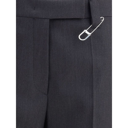 Close-up of Prada Gray Fleece Wool Dress Pants with safety pin detail, showcasing high waist and subtle stitching for AW25 season.