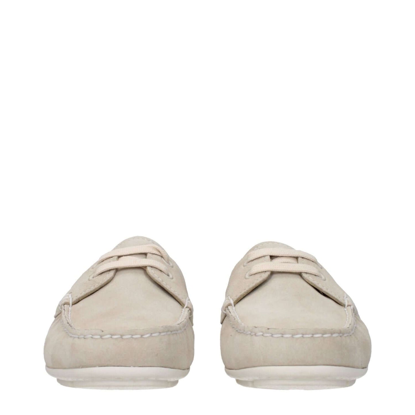 Front view of Prada Gray Leather Slip-On Loafers with rubber sole and round toe design featuring side logo detail.