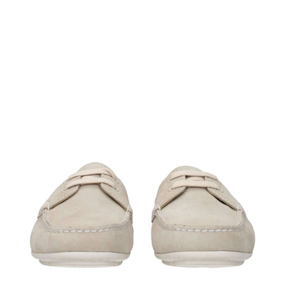 Front view of Prada Gray Leather Slip-On Loafers with rubber sole and round toe design featuring side logo detail.