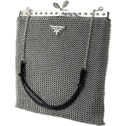 Prada Prada Elegant Silver Mesh Shoulder Evening Bag BAG1182 1728,Black | Silver,Material: Metal,New with tags,Prada,Shoulder Bags - Women - Bags,Women