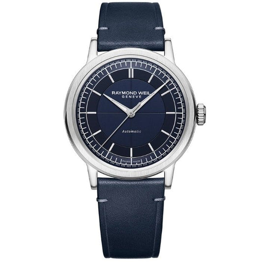 RAYMOND WEIL MOD. 2925-STC-50001 luxury watch with blue leather strap and silver casing, elegant design, perfect for formal occasions.