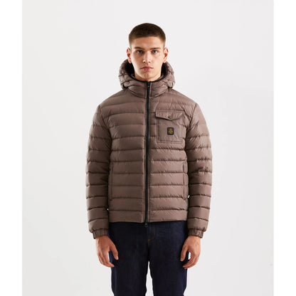 Refrigiwear Beige Nylon Men Jacket with hood, zip closure, and chest pocket for stylish urban adventures.