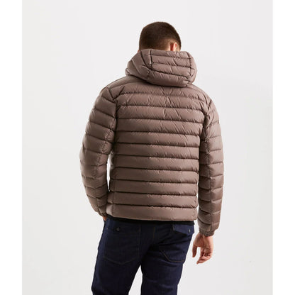 Man wearing Refrigiwear Beige Nylon Men Jacket with hood, perfect for urban style and warmth.