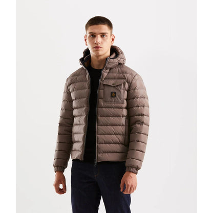Refrigiwear Beige Nylon Men Jacket showcasing urban style and warmth with hood, zip and button closures, and practical pockets.