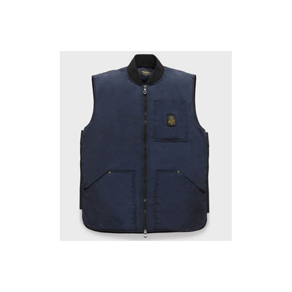 Refrigiwear Blue Polyamide Men Vest with zipper closure, front view, featuring two outer pockets and sleek design for summer wear.