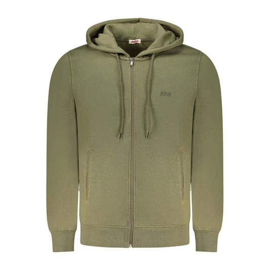 Rifle Green Cotton Men Sweater with hood, featuring a full zip closure, embossed logo, and two pockets for casual style and comfort.