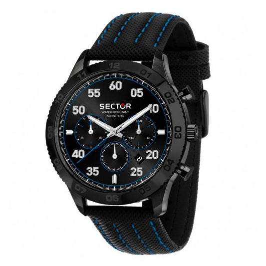 SECTOR Mod. 270 wristwatch for gents with 45mm black SS IP case, leather strap, quartz movement, chronograph, and date functions.