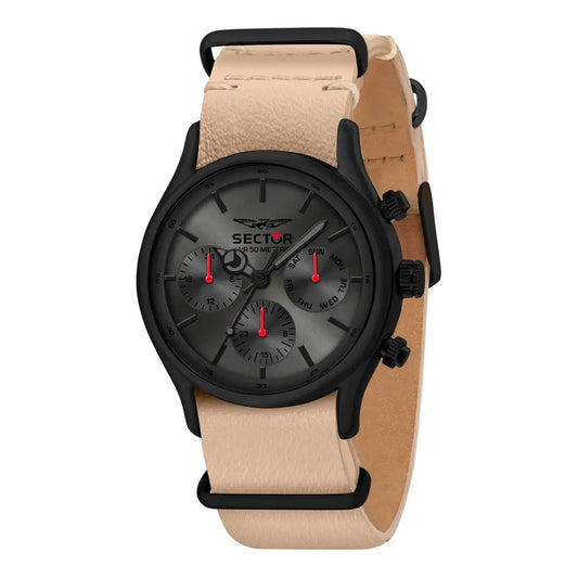 SECTOR Mod. 660 wristwatch with black stainless steel case and beige leather strap, featuring quartz movement and day-date functions