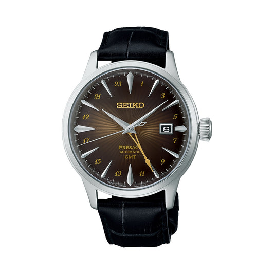 SEIKO PRESAGE Mod. COCKTAIL AUTOMATIC - RUSTY NAIL wristwatch, stainless steel case, leather strap, water resistant 5 ATM, GMT function