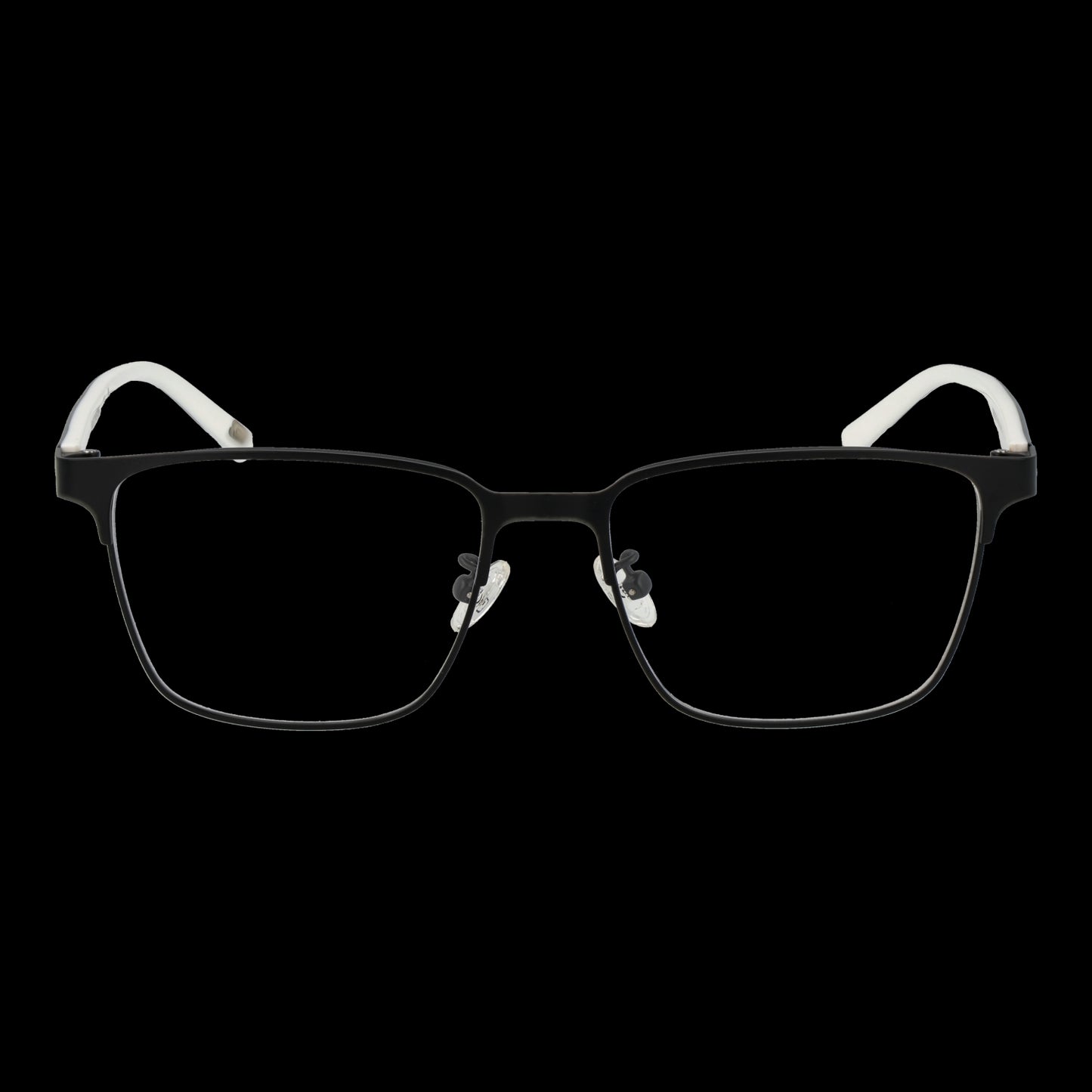 Front view of black rectangular eyeglasses with white temple tips on a black background.