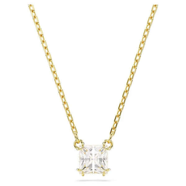 Elegant gold chain necklace with square-cut gemstone pendant displayed against a white background, highlighting intricate design and luster.