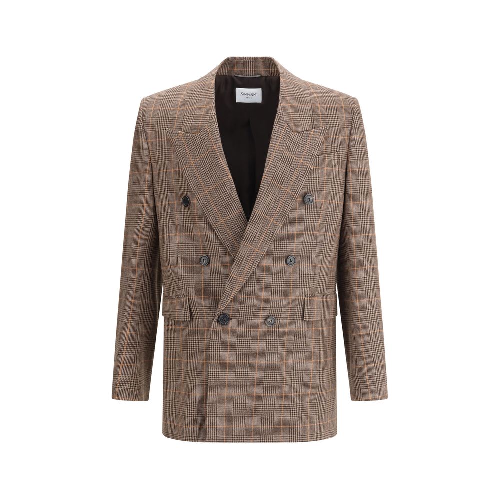 Saint Laurent Beige Wool Blazer with double-breasted design and padded shoulders for a classic tailored look.