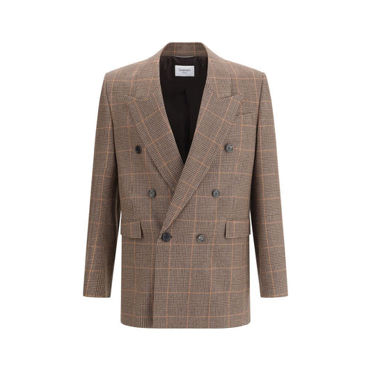 Saint Laurent Beige Wool Blazer with double-breasted design and six-button closure, featuring padded shoulders for structured elegance.