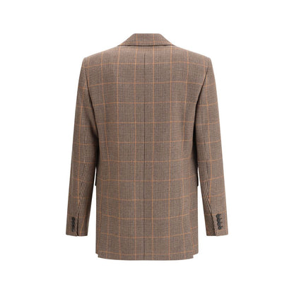 Back view of Saint Laurent Beige Wool Blazer featuring a classic Prince de Galles check and elegant tailoring.
