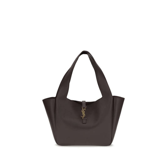 Saint Laurent Brown Lamb Ovis Aries Aries Shoulder Bag with Cassandre closure, grained leather, and tonal suede lining.