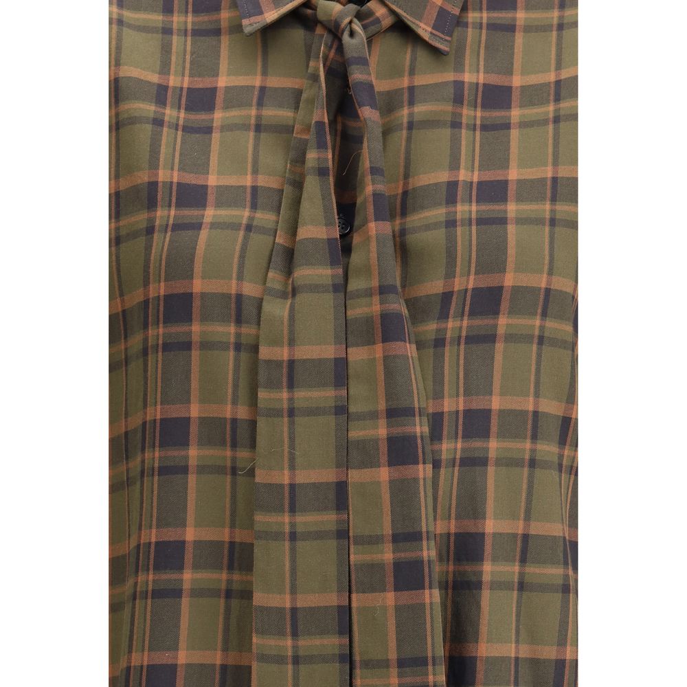 Close-up of Saint Laurent Green Cotton Pattern Shirt featuring check pattern and lavallière bow.