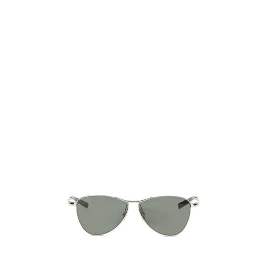 Saint Laurent Silver Metal Sunglasses with triangular frame and nylon lenses on a white background