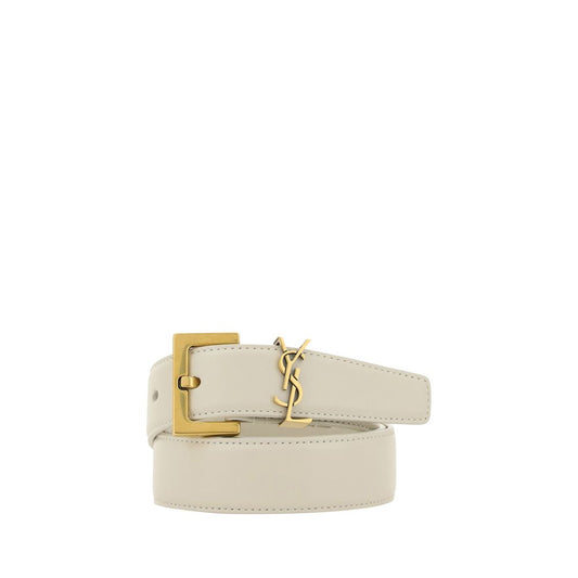 Saint Laurent White Calf Leather Bos Taurus Regular Belt with brass logo buckle, 2.5 cm thick, elegant for formal and casual wear.