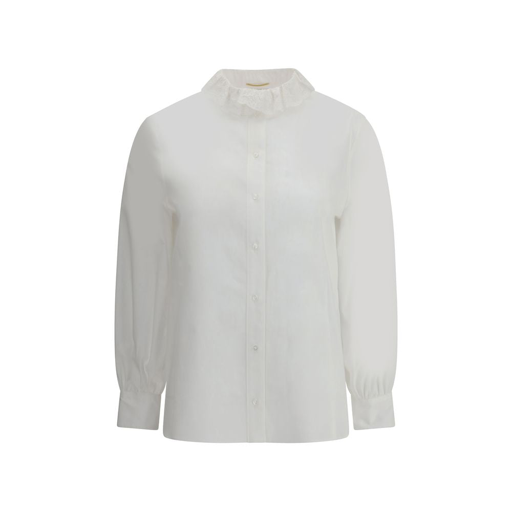 Saint Laurent White Cotton Dress Shirt with lace-trimmed Pierrot collar and beveled cuffs, featuring button front closure.