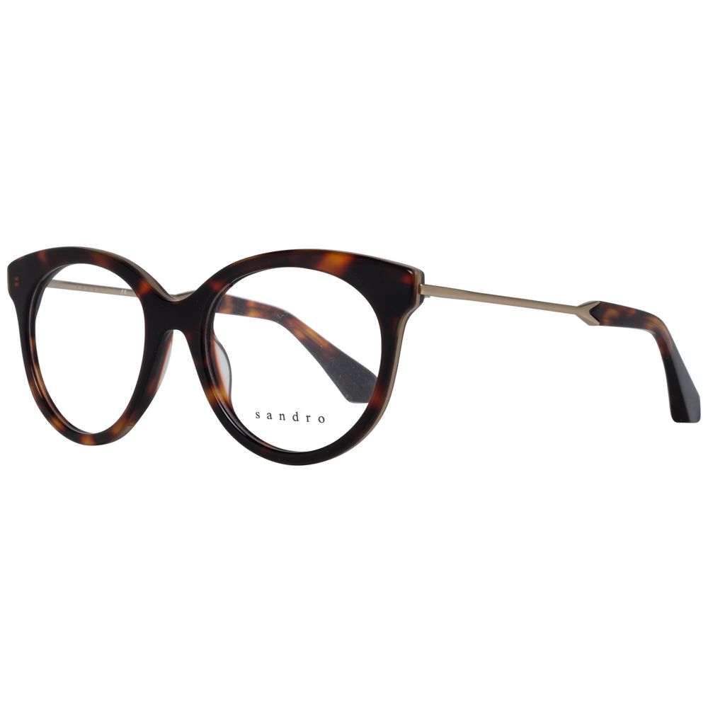 Sandro Brown Women Glasses Frame, full-rim butterfly style with brown metal and plastic frame, demo lenses, branded case included.
