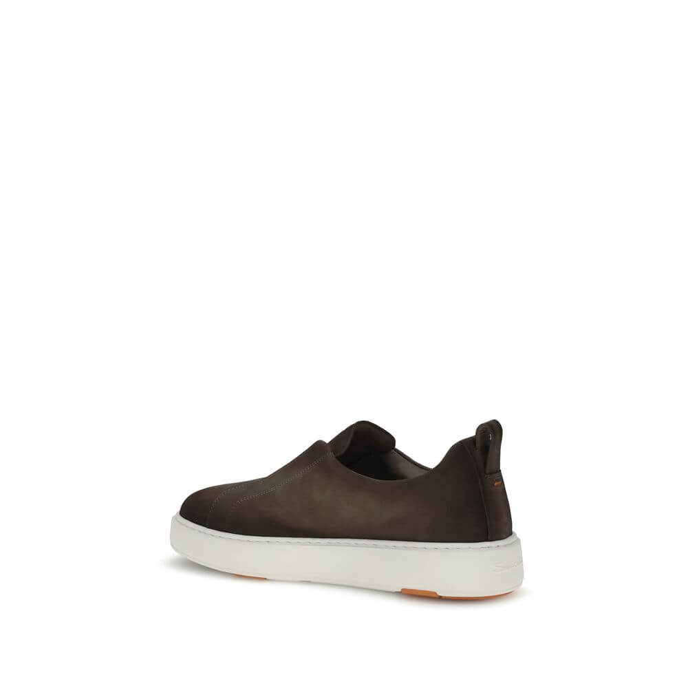 Santoni Brown Rubber Low Top Sneakers showcasing side profile with white sole and heel loop.