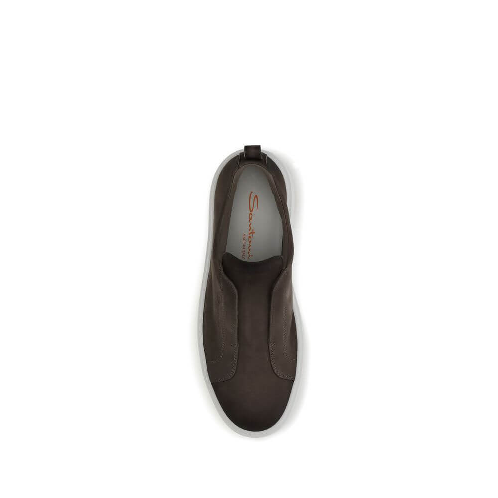 Top view of Santoni Brown Rubber Low Top Sneakers showing slip-on design and loop for easy fit.