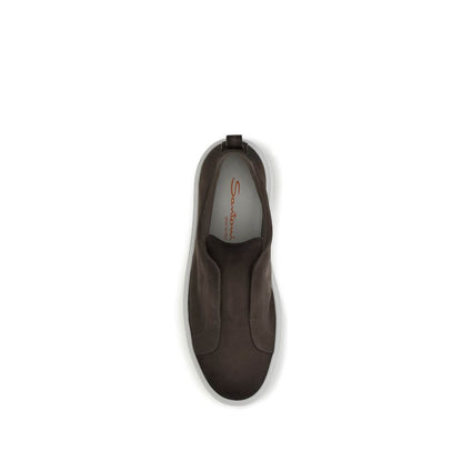 Top view of Santoni Brown Rubber Low Top Sneakers showing slip-on design and loop for easy fit.