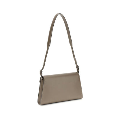 Savette Beige Calf Leather Bos Taurus Shoulder Bag with adjustable strap and turnlock closure, featuring minimalist geometric design.