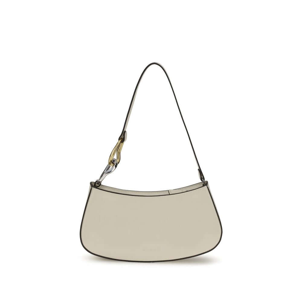 Staud Cream Calf Leather Bos Taurus Shoulder Bag with flat strap and snap hook detail, perfect for versatile everyday style.