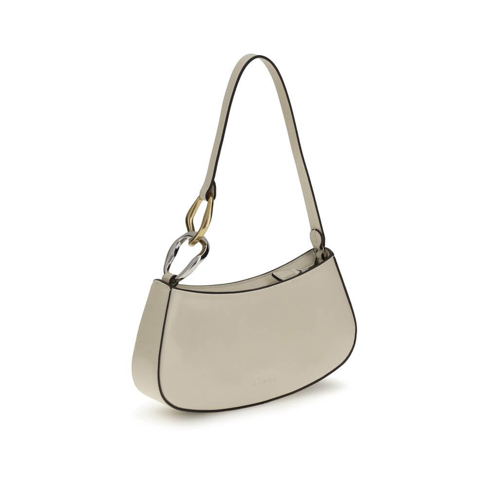 Staud Cream Calf Leather Bos Taurus Shoulder Bag with flat strap and double snap hook detail, perfect for everyday use.