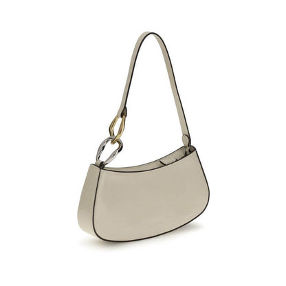 Staud Cream Calf Leather Bos Taurus Shoulder Bag with flat strap and double snap hook detail, perfect for everyday use.