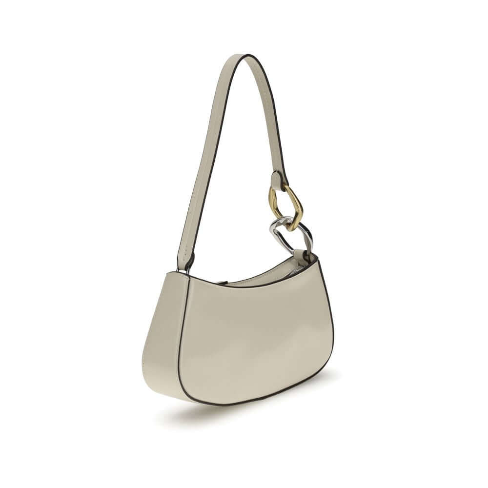 Staud Cream Calf Leather Bos Taurus Shoulder Bag with flat strap and double snap hook, featuring a zippered top and interior pocket.