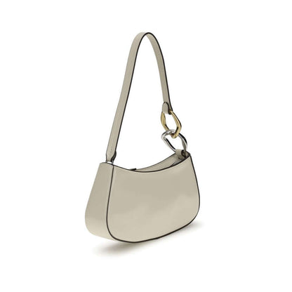 Staud Cream Calf Leather Bos Taurus Shoulder Bag with flat strap and double snap hook, featuring a zippered top and interior pocket.