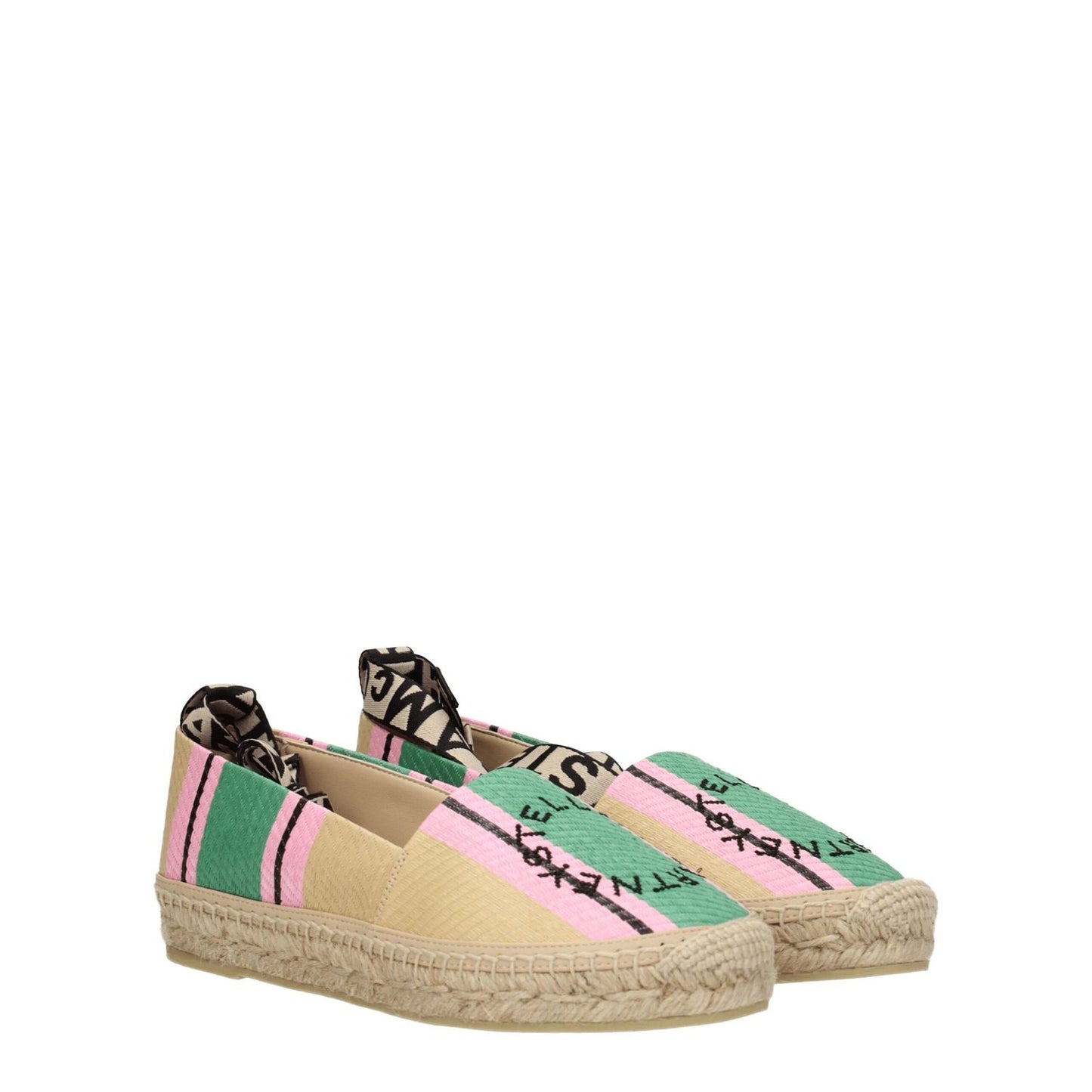 Stella McCartney Multicolor Fabric Espadrilles with self tie closure, multicolor fabric design, rubber sole, and round toe.