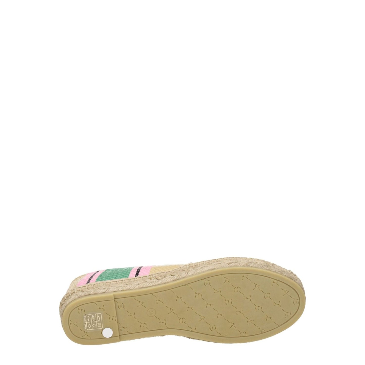 Bottom view of Stella McCartney Multicolor Fabric Espadrilles with rubber sole and round toe design, showcasing logo detail.