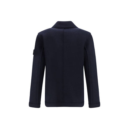 Stone Island Blue Fleece Wool Coat with chest pockets, snap-button closure, and signature badge on sleeve, back view.