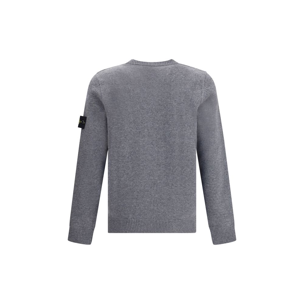 Back view of Stone Island Logoed Sweater, wool blend with a logo patch on left sleeve, ribbed neck, cuffs, and hem in monochrome design.