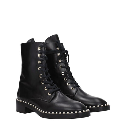 Stuart Weitzman Black Leather Ankle Boots, punk rock style with beaded details, lace-up closure, rubber sole, 3.5 cm heel, round toe.