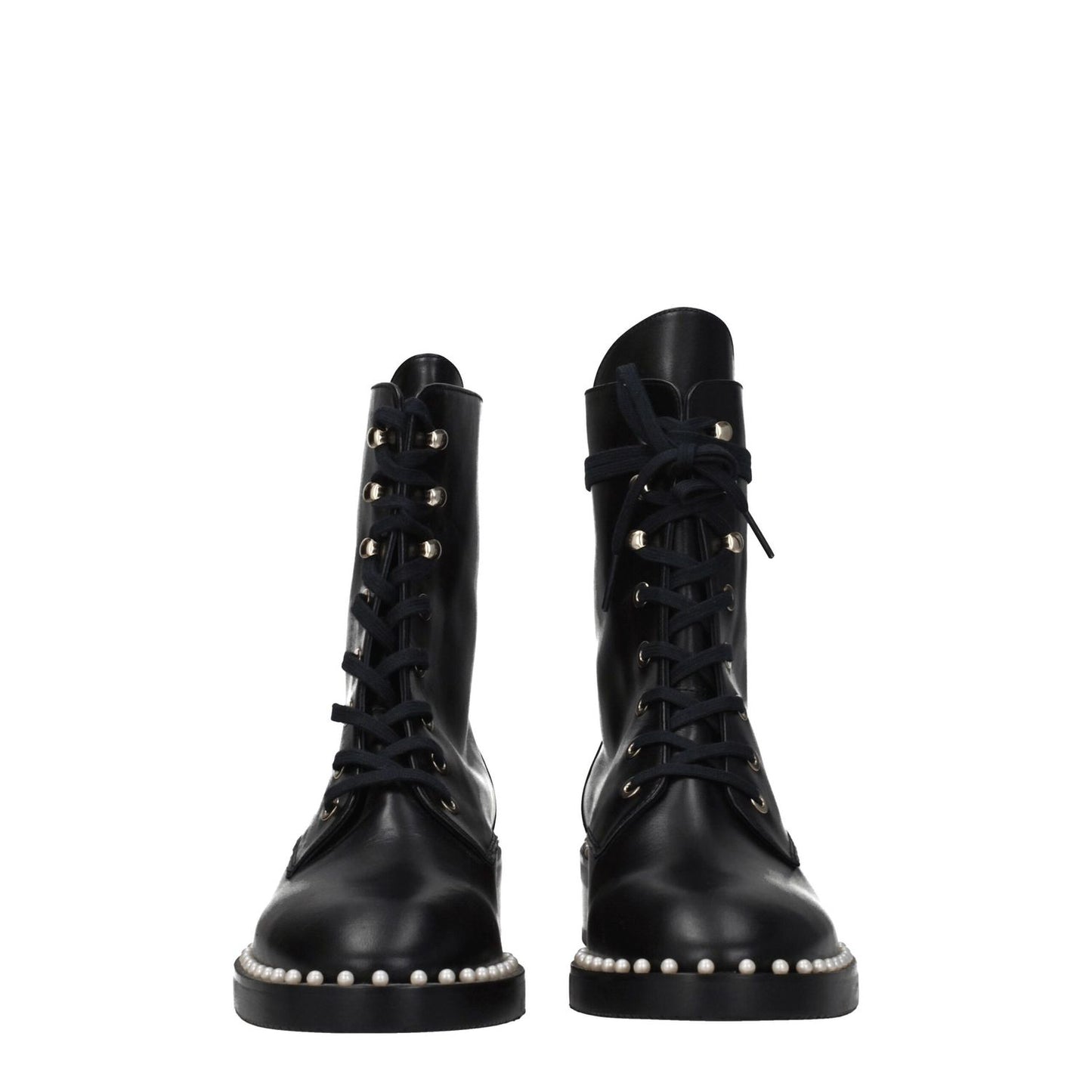 Stuart Weitzman Black Leather Ankle Boots with beaded details, lace-up closure, and rubber sole, featuring a mid heel and punk rock style.