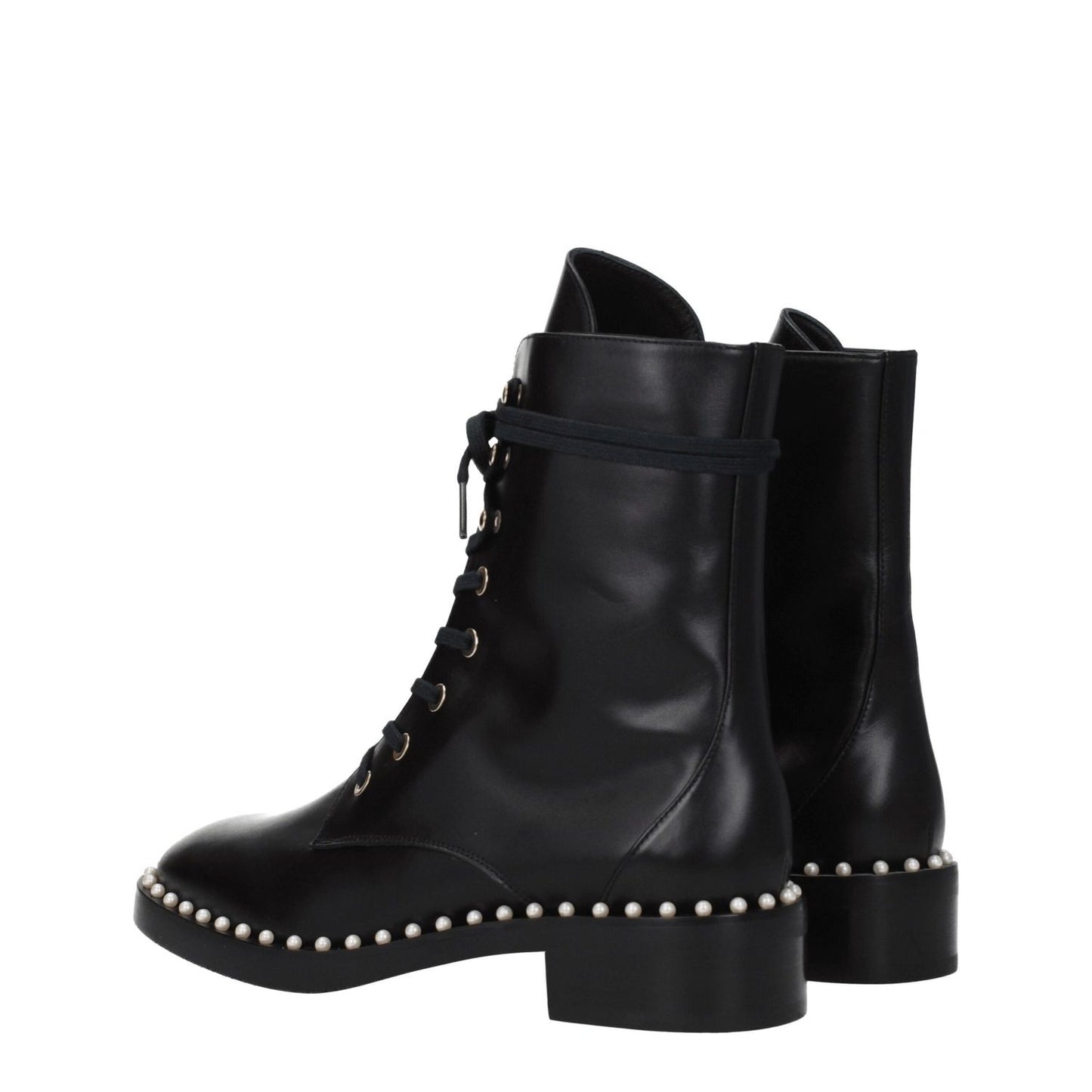 Stuart Weitzman Black Leather Ankle Boots with beaded design, punk rock style, lace-up closure, mid heels, rubber sole, round toe.
