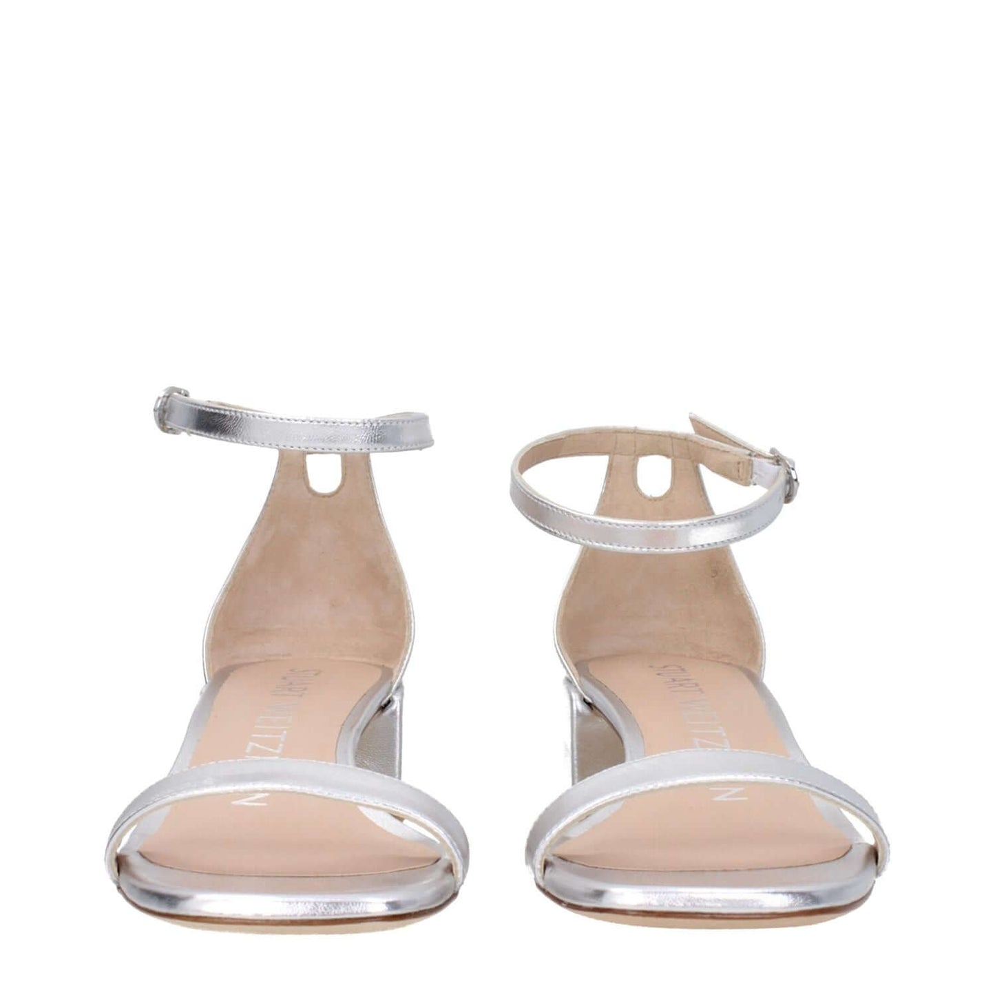 Stuart Weitzman Gray Leather Sandals with buckle closure, open toe design, and mid heels. MPN: NUDISTCURVE35LIDSA535SILVER.