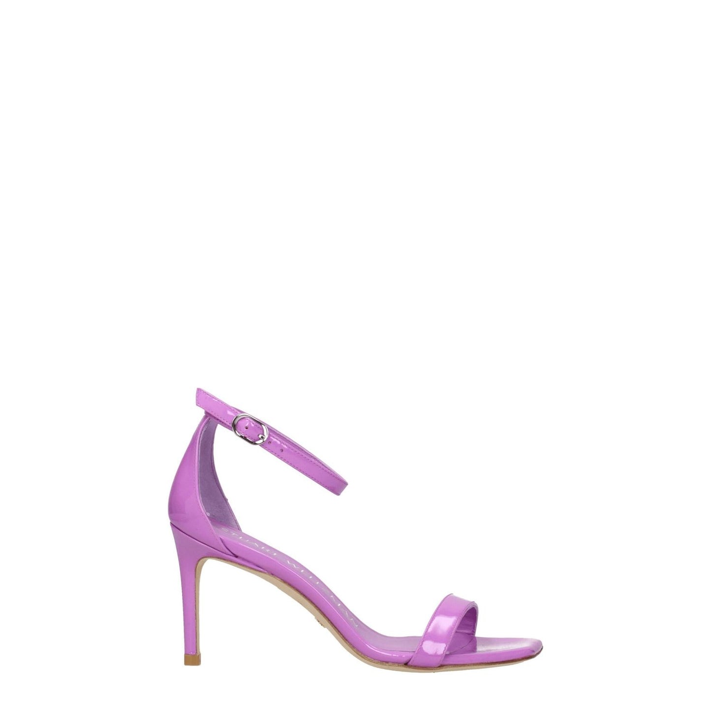 Stuart Weitzman Purple Leather Stiletto Heel Sandals, open toe with buckle closure, made of patent leather, 8 cm heel, lilac tint.