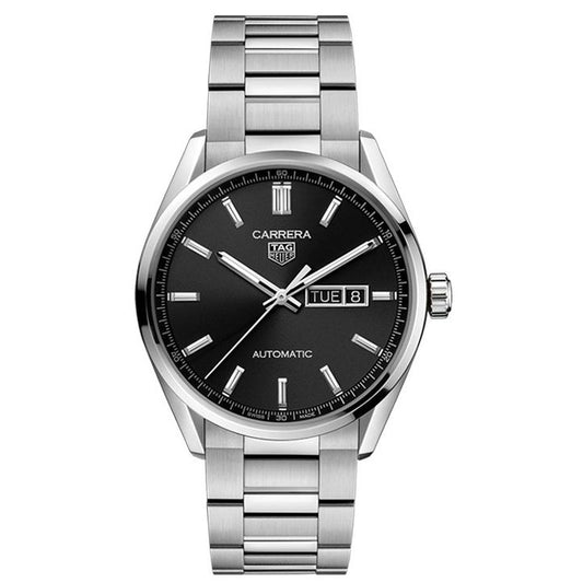 TAG HEUER Mod. CARRERA CAL. 5 wristwatch, 41mm stainless steel case, automatic movement, sapphire dial, SS bracelet, day-date feature.