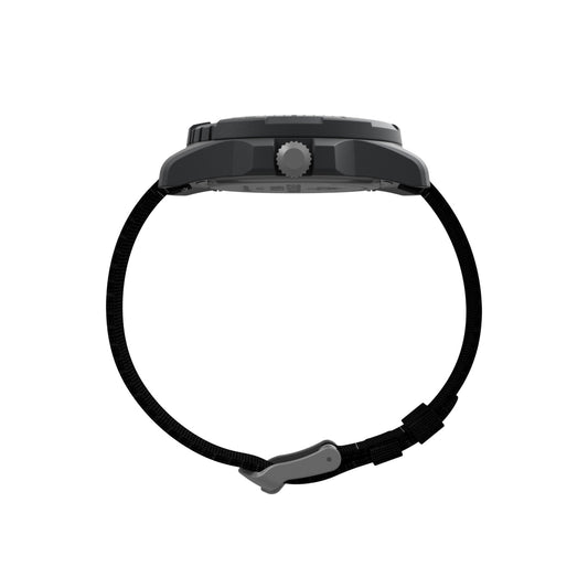 Side view of TIMEX Mod. EXPEDITION SOLAR wristwatch with black fabric strap and 46mm plastic case.
